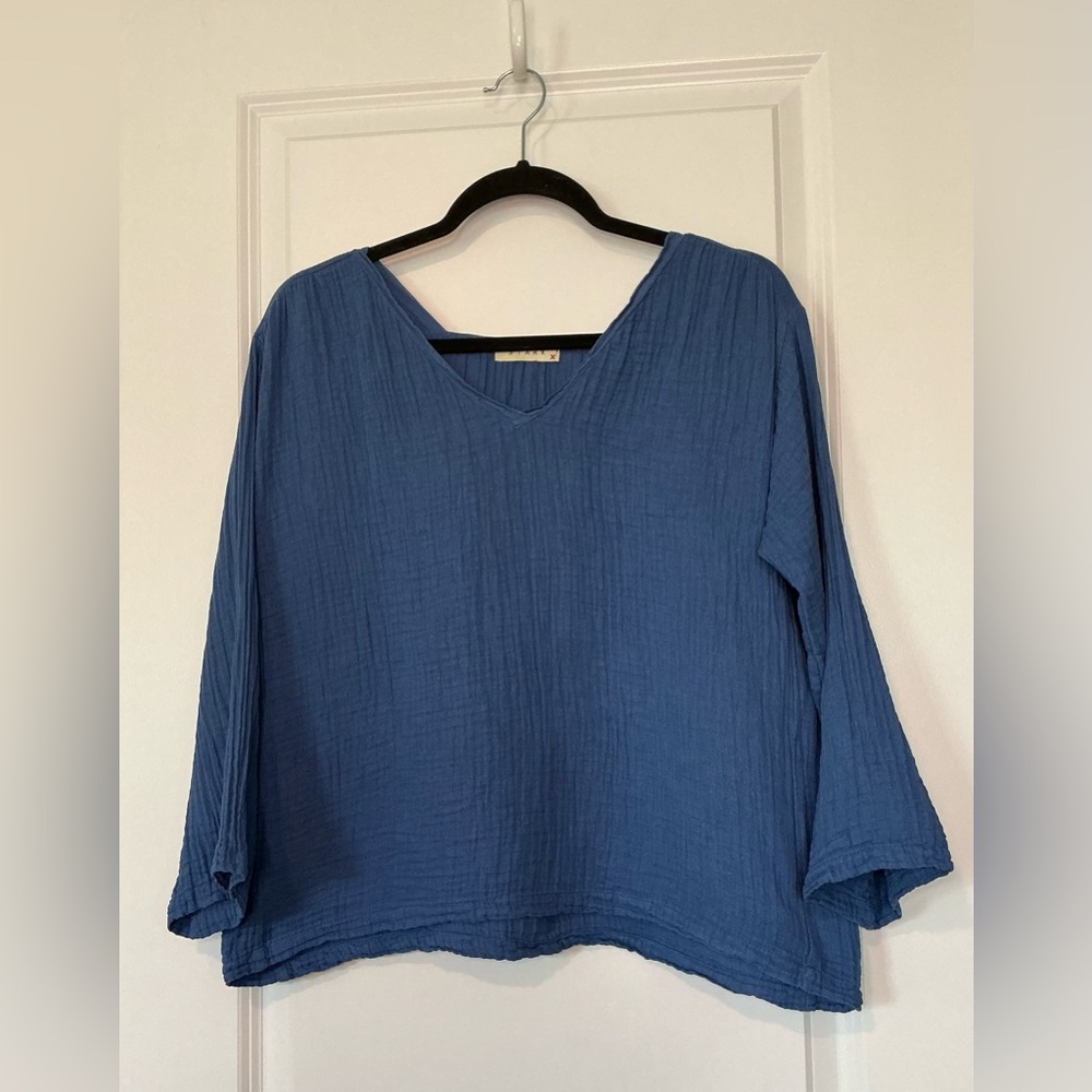 Stark X Women’s Cotton Gauze V Neck Boxy Pullover Top Blue Size S